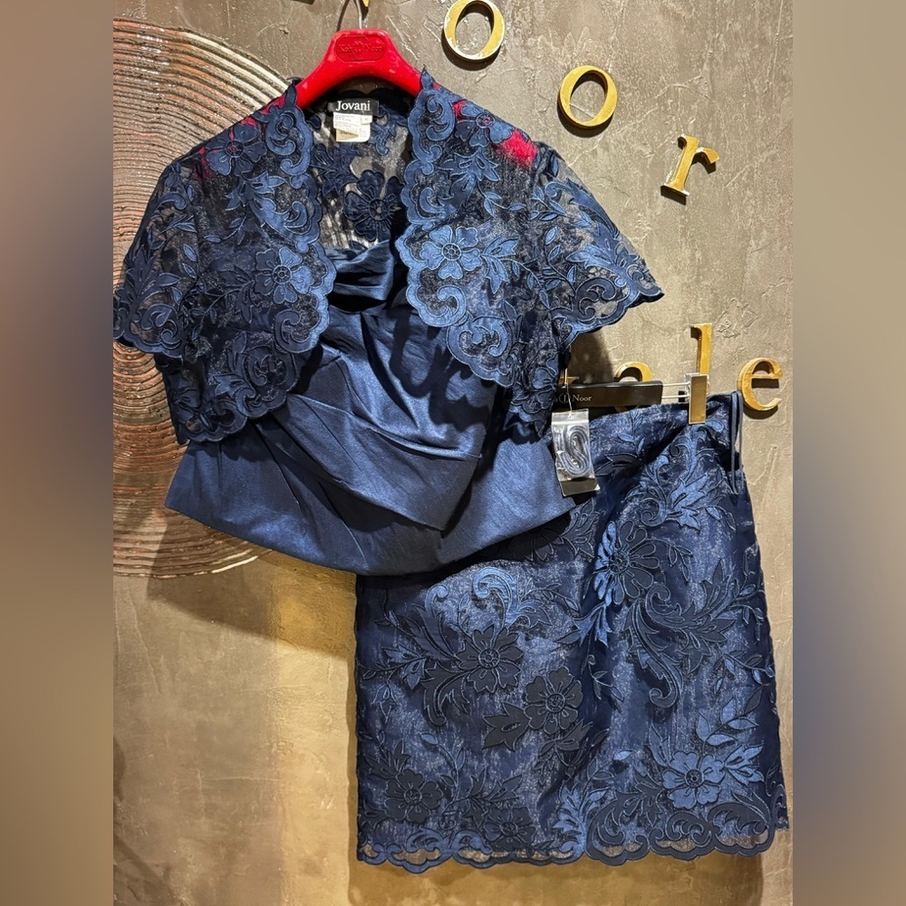 NWOT Jovani Midnight Blue Embroidered Three piece suit lace detail size 16 party - Picture 3 of 9